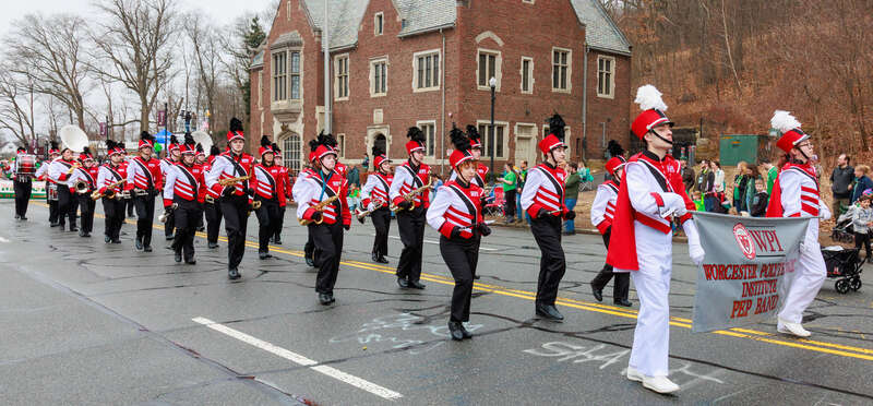 WPI Marching Band and Pep Band. Taken at 2025 St. Patrick's Day Parade in Worcester, Massachusetts
