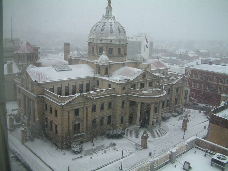 Front and southern side of the Washington County Courthouse, located along South Main Street in downtown Washington, Pennsylvania, United States.  Built in 1900, the courthouse is listed on the National Register of Historic Places. Viewed from the