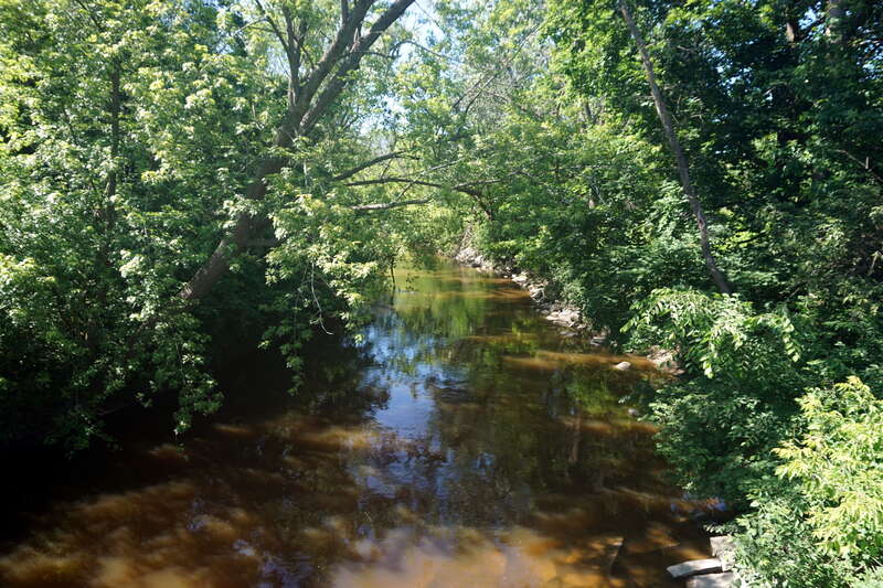 A view of the Menomonee River from the Hoyt Park Footbridge in Wauwatosa, Wisconsin (United States).