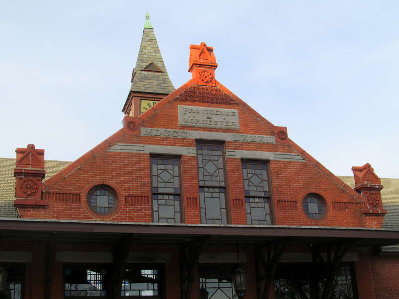 Detail of the carved roofline of the Woonsocket Depot in February 2016