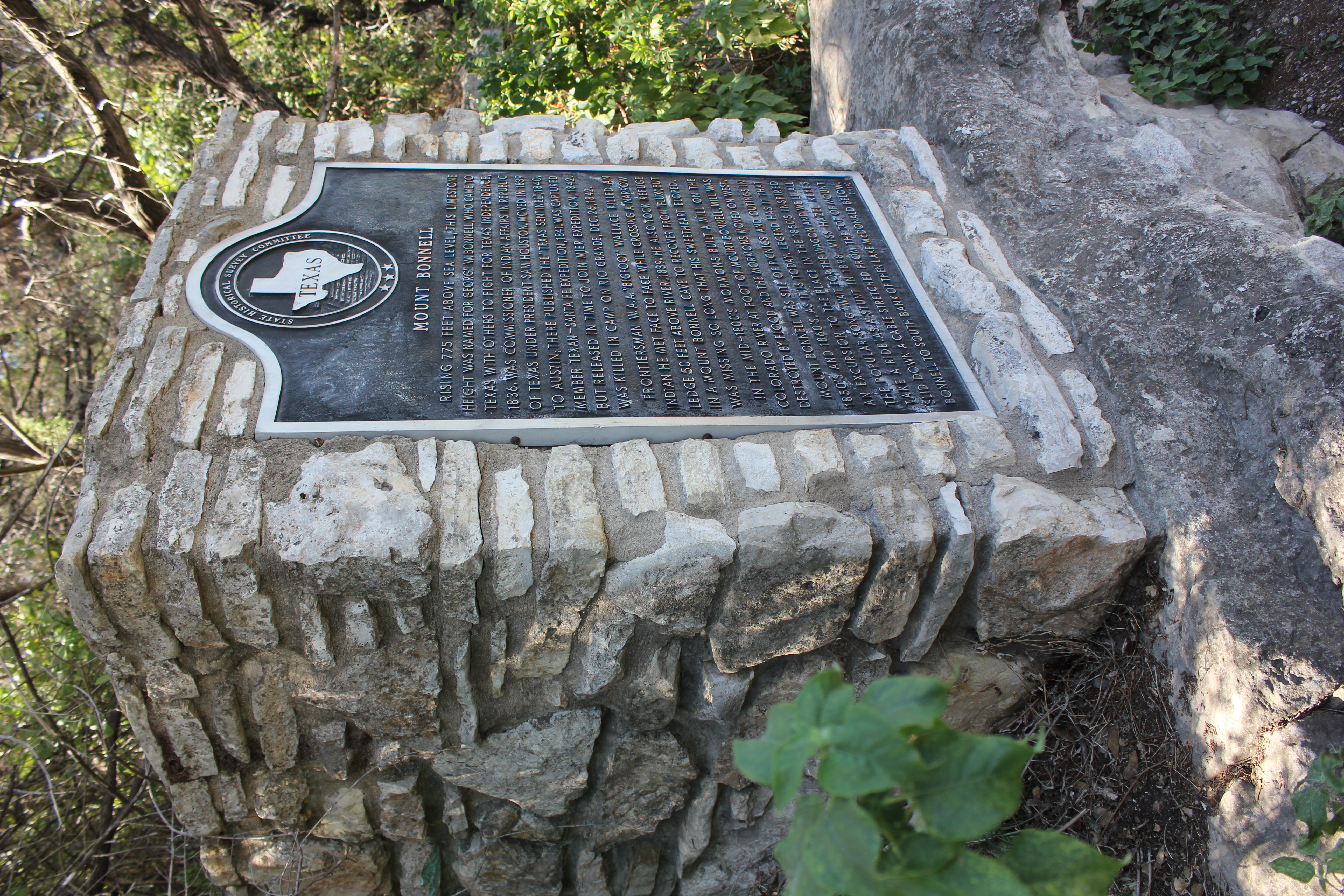 Rising 775 feet above sea level, this limestone height was named for George W. Bonnell, who came to Texas with others to fight for Texas independence, 1836. Was commissioner of Indian Affairs in Republic of Texas under president Sam Houston. Moved in
