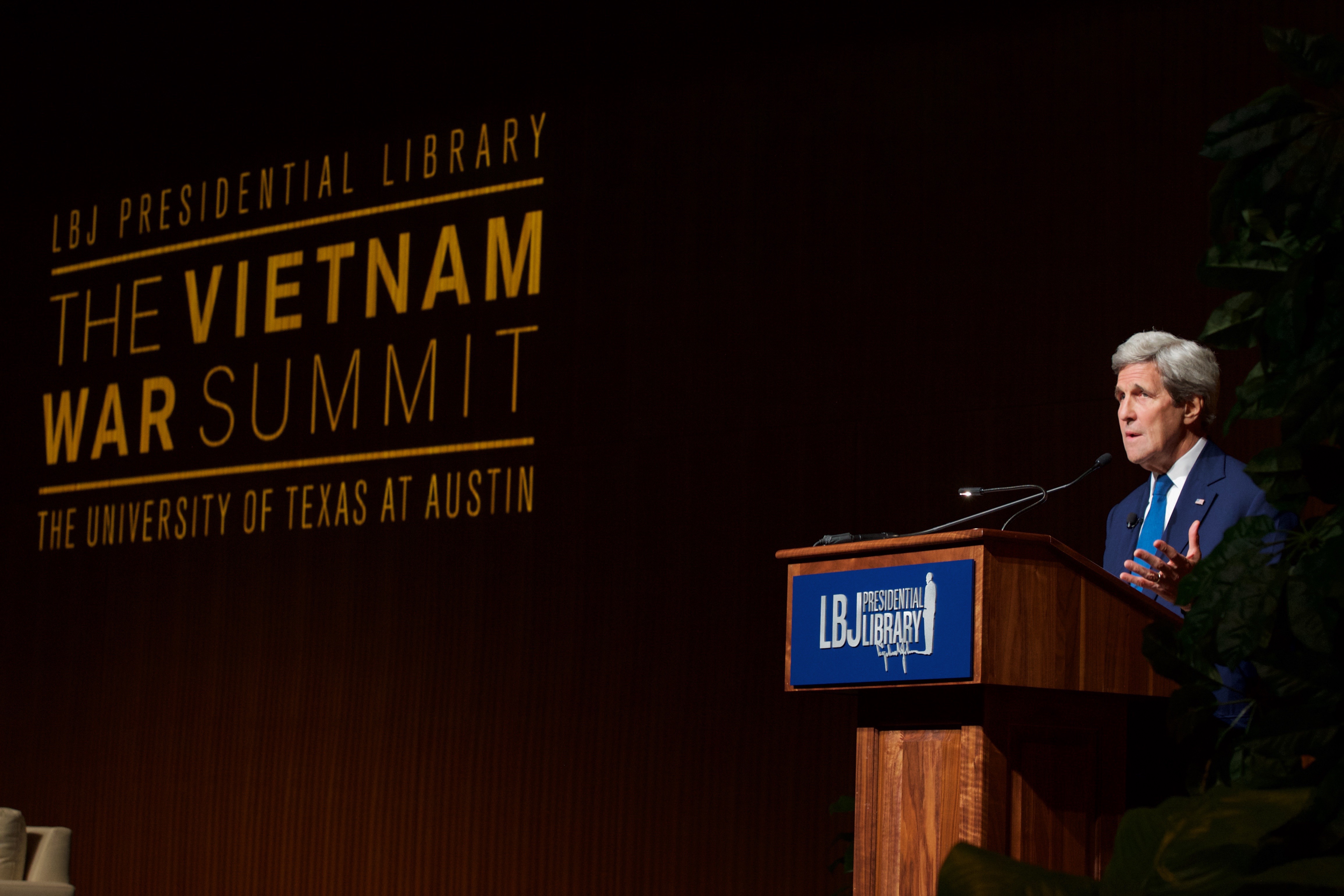 U.S. Secretary of State John Kerry delivers a speech about the past and future of the U.S.-Vietnam relationship while addressing the audience at the Vietnam War Summit held on April 27, 2016, at the LBJ Presidential Library at the University of Texas
