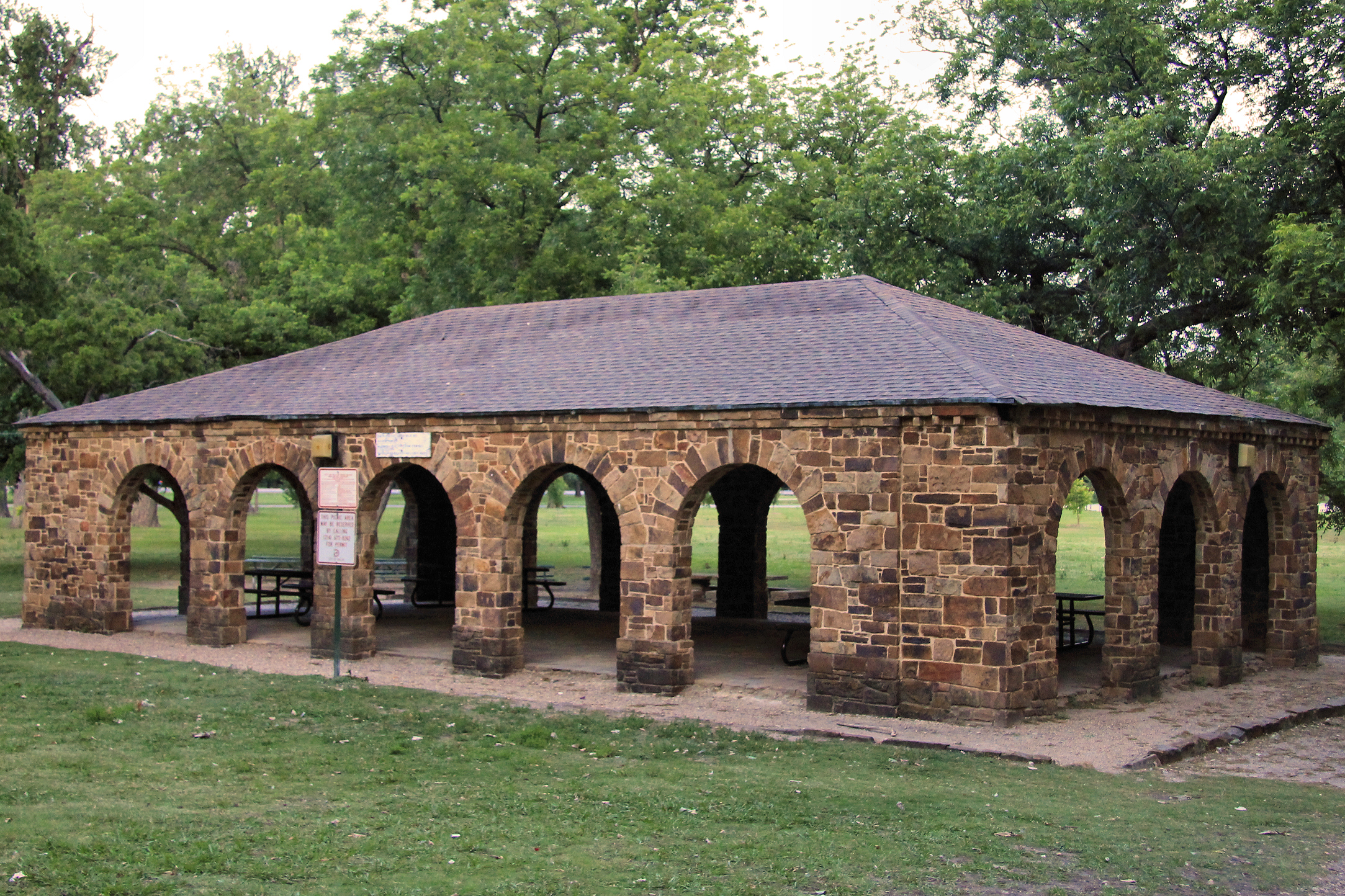 The White Rock Lake Park Pavilion in Dallas, Texas, United States. The pavilion was built by the Civil Works Administration in 1934.