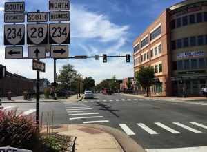View south along Virginia State Route 28 (Church Street) at Virginia State Route 234 Business (Grant Avenue) in Manassas, Virginia