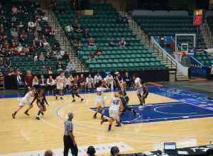 In-game action during the Texas A&amp;M–Commerce Lions vs. West Texas A&amp;M Buffaloes women's basketball game at the 2018 Lone Star Conference Women's Basketball Championship at the Dr Pepper Arena in Frisco, Texas (United States). West Texas