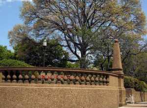 Concrete balustrade at Meridian Hill Park (as viewed from the intersection of 16th and W Streets N.W.), a National Historic Landmark, located in the Columbia Heights neighborhood of Washington, D.C.
