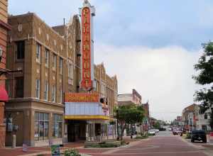 The Paramount Theatre Centre &amp; Ballroom in Anderson, Indiana, from the north – looking south on Meridian Street. The historic former Paramount Pictures-owned movie theater opened in 1929.