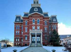 Front view of Peabody City Hall after a snowfall in Peabody, Massachusetts