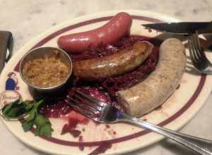 A house-made wurstplatte from The Student Prince German restaurant in Springfield, Massachusetts.
The three wursts shown are knackwurst (top), boar and cranberry (center), and bratwurst.