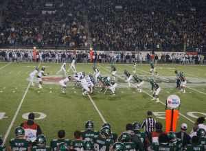 Georgia Southern on offense during the 2018 Camellia Bowl (Georgia Southern Eagles vs. Eastern Michigan Eagles) at the Cramton Bowl in Montgomery, Alabama (United States). Georgia Southern won 23–21.