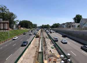 View south along New Jersey State Route 444 (Garden State Parkway) from the overpass for Essex County Route 508 (Central Avenue) in East Orange, Essex County, New Jersey