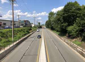 View east along U.S. Route 46 from the overpass for Passaic County Route 601 (Main Avenue) in Clifton, Passaic County, New Jersey