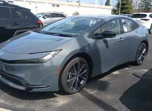Front view of a 2023 Toyota Prius HEV XLE hybrid liftback.