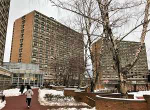 Sleeper and Rich Halls, part of Boston University's West Campus dormitories, located at 275 and 277 Babcock Street in Boston, Massachusetts. The edge of the third West Campus dorm, Claflin Hall, can be seen on the left.
