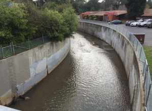 A channelized stretch of Branciforte Creek just before joining up with the San Lorenzo River in downtown Santa Cruz, California.