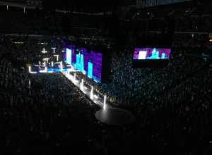 U2's performance of "City of Blinding Lights" at Newark's Prudential Center during the group's Experience + Innocence Tour.  The lighting effects features variously oriented fluorescent tubes in positions around the stages, while the video screen