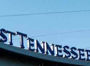 The grandstand sign at First Tennessee Park, Nashville Sounds vs the Iowa Cubs on a beautiful July evening.