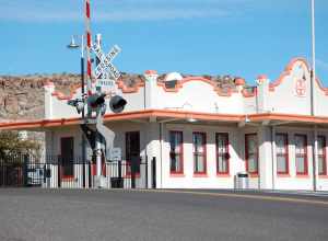 ATSF Train station, built in 1907, in downtown Kingman, Arizona. Constructed in the Mission Revival Style, the building completed a renovation in 2010, and is currently used to serve Amtrak customers on the Amtrak Southwest Chief route. The train