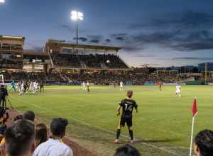 Chris Wehan sends in a corner kick vs. Portland Timbers 2 on April 26, 2019 during New Mexico United's inaugural season