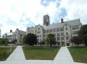Photo showing the back of University Hall and the clock tower at the University of Toledo.