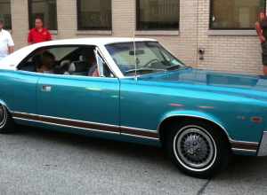 1969  AMC (American Motors Corporation) Ambassador SST two-door hardtop finished in Alamosa Aqua metallic (paint code P-68) - photograph taken in Kenosha, Wisconsin. This car features the 343 cubic inch (5.6 L) V8 engine, as well as the factory