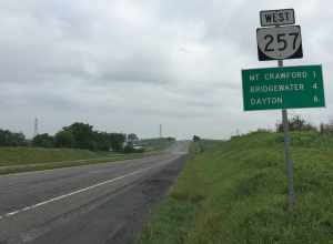 View west along Virginia State Route 257 (Friedens Church Road) just west of Interstate 81 near Mount Crawford in Rockingham County, Virginia