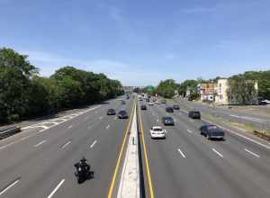 View north along New Jersey State Route 444 (Garden State Parkway) from the pedestrian overpass between Vailsburg Terrace and Smalley Terrace in Irvington Township, Essex County, New Jersey