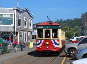 Astoria Riverfront Trolley car 300 eastbound (going away from the camera) just west of 12th Street. This heritage streetcar line in Astoria, Oregon, has been in operation since 1999. Car 300, nicknamed "Old 300", is an ex-San Antonio (Texas)