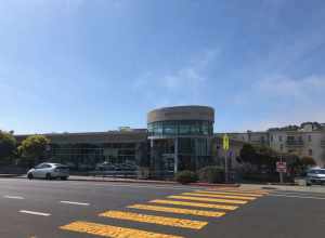 Exterior view of Westlake Library in Daly City, California, USA. This photo was taken from the north side of Southgate Avenue looking south.