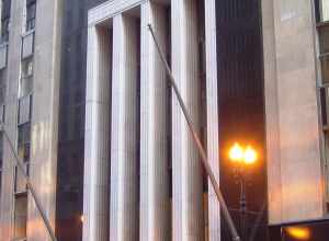 The main entrance to the Field Building at 135 South LaSalle Street at West Adams Street in the Financial District of Chicago, Illinois, also known as the LaSalle National Bank Building.  It was completed in 1934, and was designed in the Art Deco