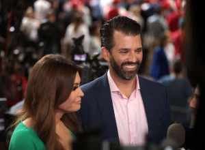 Kimberly Guilfoyle and Donald Trump, Jr. speaking with the media at a "Keep America Great" rally for President of the United States Donald Trump at Arizona Veterans Memorial Coliseum in Phoenix, Arizona.

Please attribute to Gage Skidmore if used