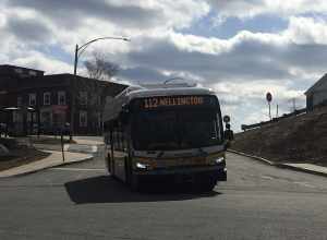 MBTA route 112 bus at Chelsea Soldier's Home in March 2021