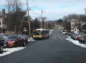 MBTA route 411 street on Oak Island Street in Revere in February 2021