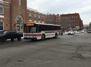 MVRTA route 18 bus on Merrimack Street in Haverhill in December 2017