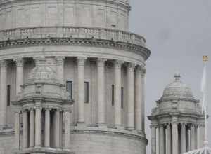Providence, RI: Rhode Island State House dome, southeast view from Steeple Street; in April 2019