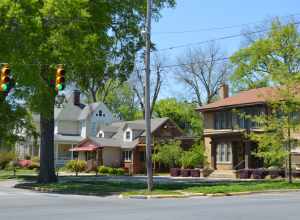 Houses on the northern side of Tuscaloosa Street, seen from the Pine Street intersection, in Florence, Alabama, United States.  This block is part of the Locust Street Historic District, a historic district that is listed on the National Register of