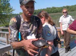Ryan holding the Blanding's Turtle. 
Credit: Juancarlos Giese/USFWS