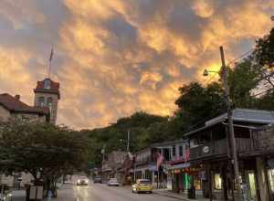A beautiful sky over Main Street in downtown Eureka Springs.  The Carroll County Courthouse is seen on the left.