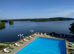 The View from the balcony of the Lake Barkley State Resort Park Lodge, overlooking the pool and the lake.