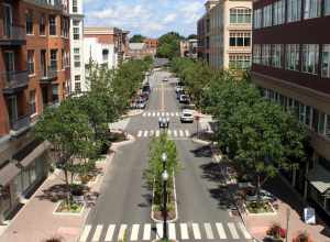 Blue Back Square shopping district in West Hartford, Connecticut, from the top level of a parking garage