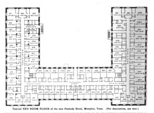 Typical floor plan, Peabody Hotel, 149 Union Avenue, Memphis, Tennessee. Substantial renovations have occurred since the original design. Opened 1925. Publication date 1925.