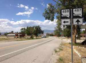 View north along Nevada State Route 487 (Baker Road) about 6.1 miles north of the Utah state line at the junction with Nevada State Route 488 (Lehman Caves Road) in Baker, Nevada