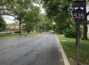 View north along Middlesex County Route 535 (Plainsboro Road) at Main Street in Cranbury Township, Middlesex County, New Jersey