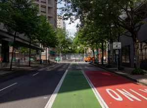 Closure of Main Street at Multnomah County Justice Center during George Floyd protests in Portland, Oregon.