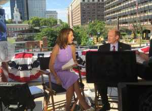American journalist Stephanie Ruhle of MSNBC interviews Delaware Senator Chris Coons at the 2016 Democratic National Convention