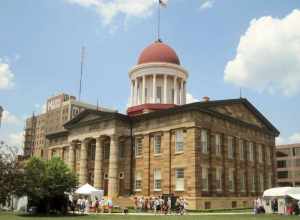 The Illinois State Capitol in Springfield, a national landmark (1839). It was the fifth state capitol in Illinois, but the first in Springfield. It was built in response to public pressure to build a capitol in a new city; the previous capitol was in