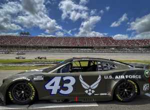 The Air Force-sponsored #43 Petty GMS Chevrolet sits ready to“fly” before the Talladega Superspeedway NASCAR race April 24, 2022 in Alabama.  Tech. Sgt. Andrew Brockman, 96th Maintenance Group, created the Air Force heritage B-29 Superfortress paint