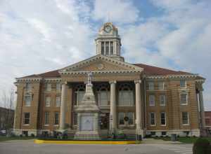 Eastern side of the Dubois County Courthouse, located on Courthouse Square in downtown Jasper, Indiana, United States.  Built Between 1909-1911, it is listed on the National Register of Historic Places.