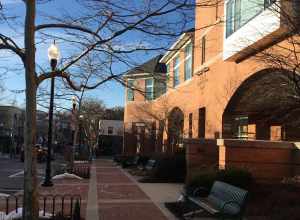 Public library entrance along South Allen Street in State College, Pennsylvania, in winter