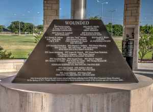 detail of memorial showing the names of the wounded in the Nov. 5, 2009 shooting at Fort Hood